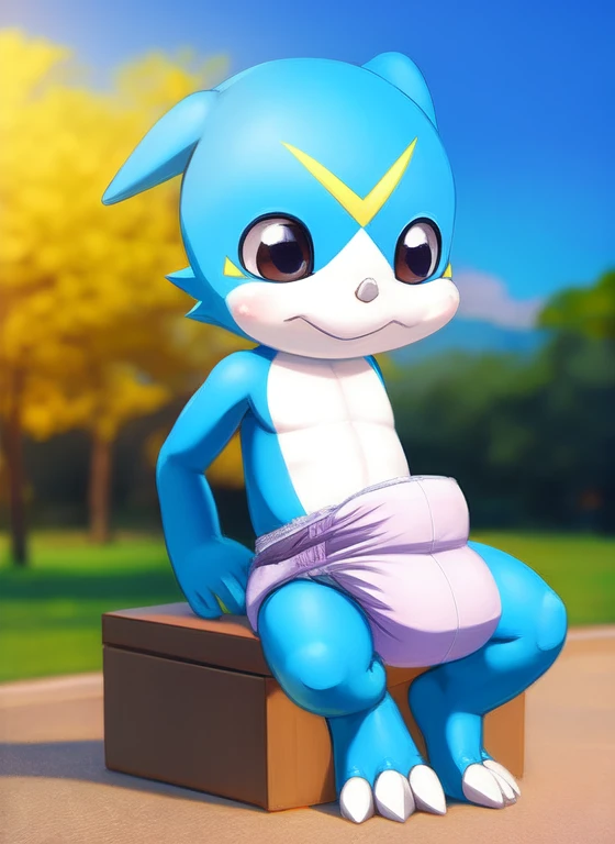 (by  photonoko:0.5) (by Arthur Lismer:0.6), (by chunie:0.4) by avante92,
BREAK
(anime:1.2)
solo, male, (veemon:0.7), blue skin, claws, fang out, thick diaper, (chibi, adorable, cute:1.2),sitting, 
detailed background, park background, cinematic lighting, (...