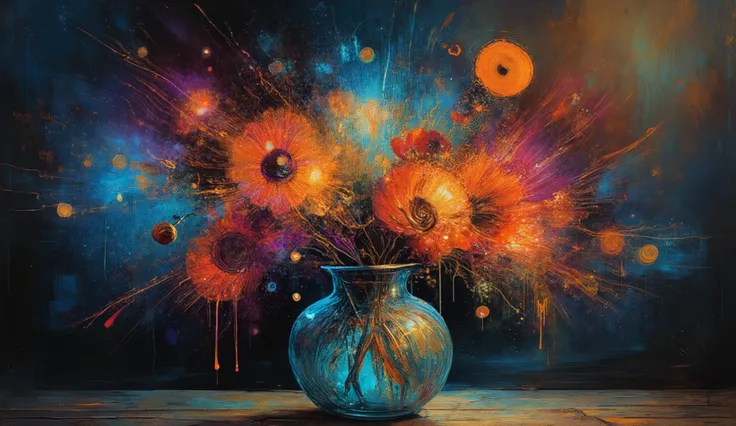 surreal artistic digital painting of flowers following a mathematical spiral pattern, dramatic ink splashes and drips in black, layered with impressionist brushstrokes in vibrant colors, double exposure effect blending geometric patterns with organic forms...