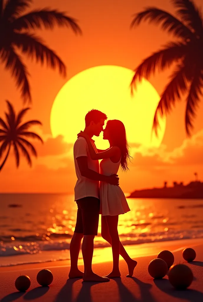 couple hugging in the middle of the sunset on the beach with coconut balls