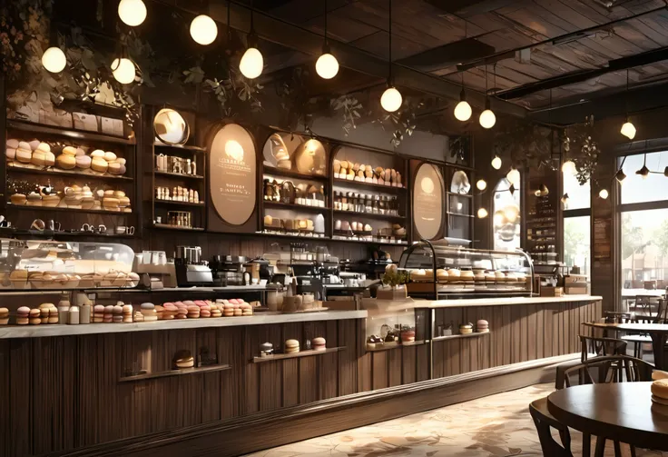 A warm moment in a stylish cafe、A table lined with coffee and sweets、 The interior of the coffee shop is drawn with exquisite details and vivid colors、 Delicate steam rises from a hot coffee cup on the table 、 soft sunshine、 cozy atmosphere、A corner of a c...