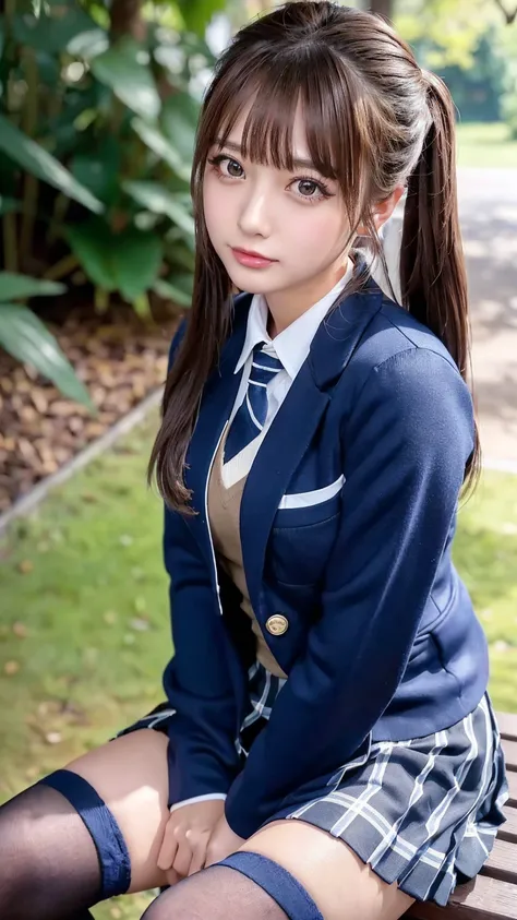 (( Masterpiece,  top quality,  Hi-Res,  super high heels)),  Japanese High School Girls,( by Nomi:1.5)、sexy expressions、great face、 Closed Mouth、 sharp mouth、Glossy Lips 、 twin tail,( beautiful brown hair:1.5)、 high school uniform,( navy blue blazer, tie, ...