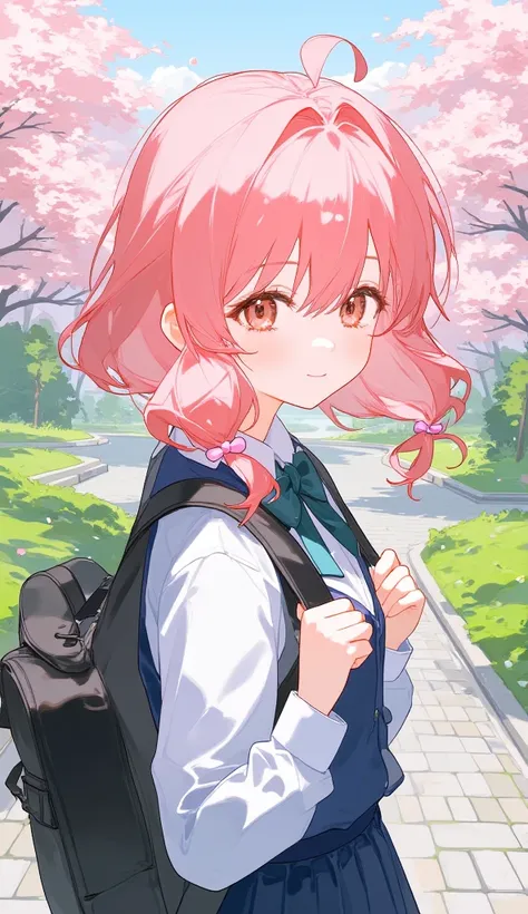 Anime head portrait, ecy, capturing the essence of an anime girl with pink hair styled in pigtails, wearing a school uniform and carrying a backpack. The background is a serene park with blooming cherry blossoms and a winding path. The lighting is soft and...