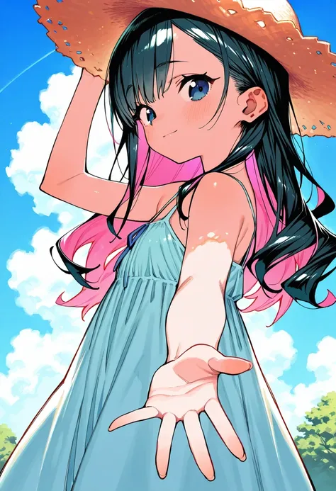 by chomoran, watercolor (medium), 1girl, Loli, solo, black hair, long hair, wavy hair, asymmetrical bangs, multicolored hair, inner pink hair, dark blue eyes, sundress, straw hat, hand up, adjusting headwear, blue sky, cloud, tree, sidelighting, from side,...