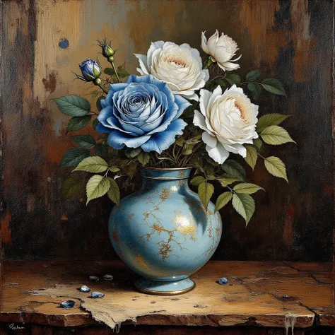 ( Masterpiece ,  Best quality ,  high definition,   lighting is very detailed:1.2),  complex background, still life,  Rule of Thirds , vintage oil painting depicting an azure rose in a porcelain vase on a rough wooden table