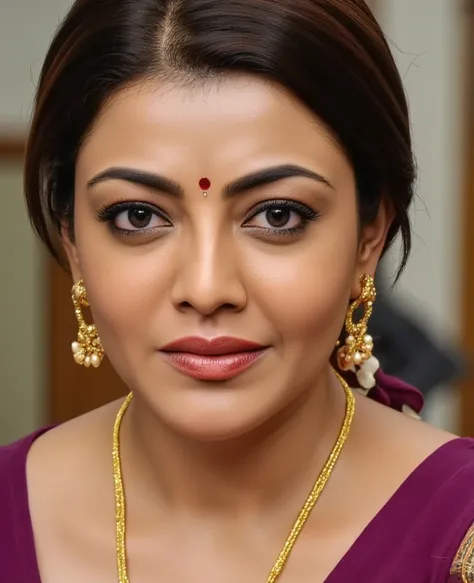 Whaeatush skin thick woman, wearing wine blouse, bindi in head, sweaty body, red glossy lips, wearing ear rings and small nosering,thin navel chain, little bit thick, black hair tied round her back of head, silky cury waist, sexy navel, inside bathroom, ha...