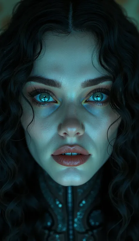 In a dark, atmospheric realm reminiscent of Hellraiser, the face of an alien queen commands attention, exuding an otherworldly allure. Her long, curly black hair frames her striking features, cascading like tendrils around her porcelain-like skin, which gl...