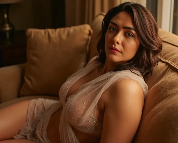 A CINEMATIC PHOTOGRAPHY, 8K RESOLUTION, A Indian milf,she have hourglass body shape, she's lying on the sofa, she's wearing a transparent shawl only, wet body, she's seeing at the viewers, 