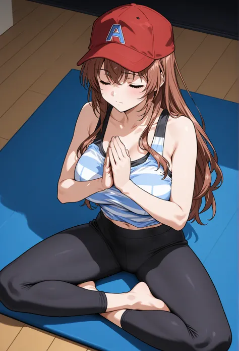 Aoi Kanzaki, Big Breasted,  A woman with wavy brown hair and a red baseball cap, dressed in a striped tank top and black yoga pants, sitting cross-legged on a mat with her hands in prayer position, her eyes closed in meditation.