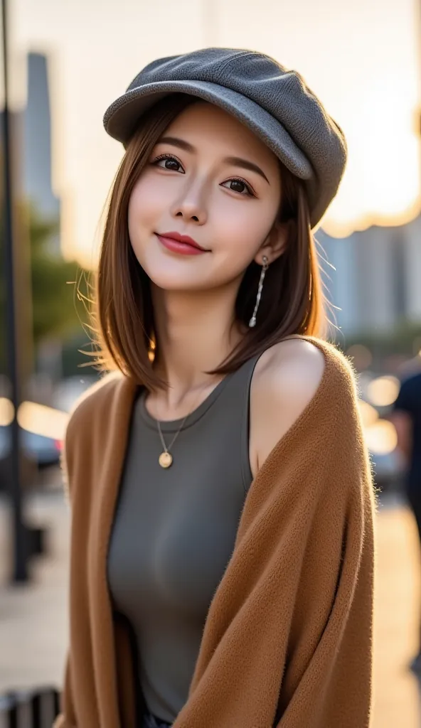 12K、hdr、 bit depth 10bit with old clothes、Outdoors、The model is wearing headphones、Enjoying music、The model is wearing a cap-shaped hat、You can see the sunset in the background、Skyscrapers can be seen in the background、Casual clothing、 random hairstyles、I ...