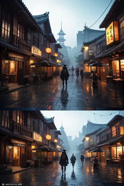  anime style city scene with a man in a cloak, Ghost of Tsushima,   Traditional Japanese Concept Art , Dreamy city in China, Ancient Chinese Towns , Axe and the World of Bloodborne, Cyberpunk Chinese Temple , 4K resolution concept art , Chinese cities, 4K ...