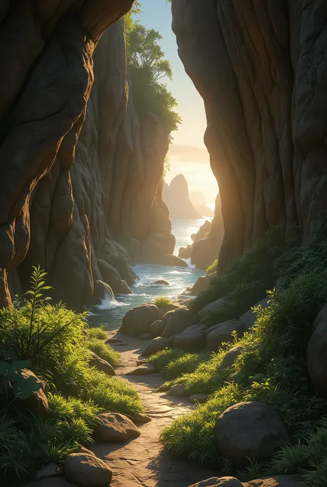 Strong light, intense contrast, In an open-roofed cave、 sunlight shines through green moss and ferns。, And open( Sea view:1.1) Next, CELL SHADING RENDERING , 4K, 360 degrees, Cylindrical equilateral diagram , qxj,
