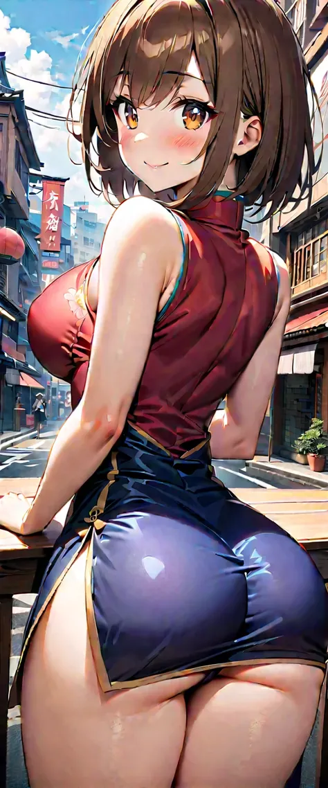 1 japanese girl,18-year-old,city,(((Silk cheongsam))),, smile,((long brown hair)),blush,big breasts,((turn around and look back)),Reflecting the buttocks