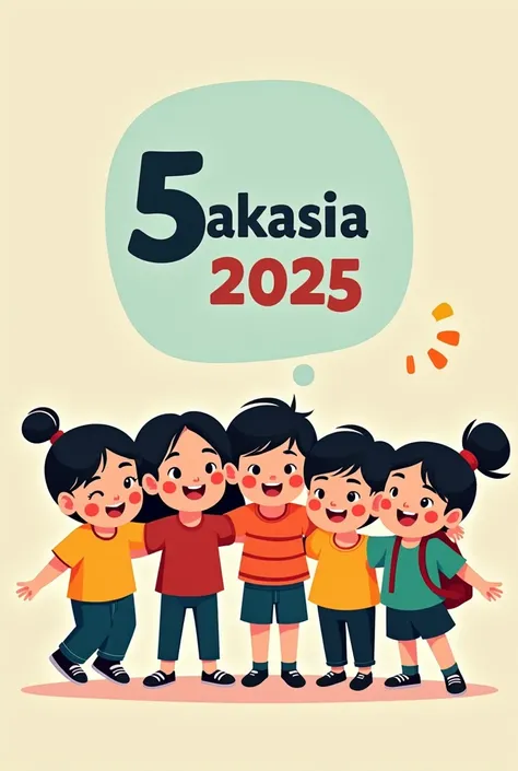 cartoon-style image of happy  and cute students standing together with the text "5 AKASIA 2025"