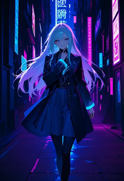 sexo: masculino A futuristic AI hologram character named Kami, blending the aesthetic of a J-Rock vocalist and a cyberpunk hacker. He has a sleek, dark outfit with neon blue and purple glowing accents, long white hair flowing like digital streams, and pier...