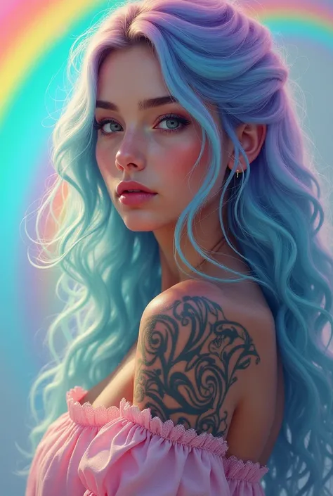 Pretty tattooed woman, with pastel-colored long curly hair, In turquoise , blue, shades of pink and purple, In the background a beautiful colorful rainbow