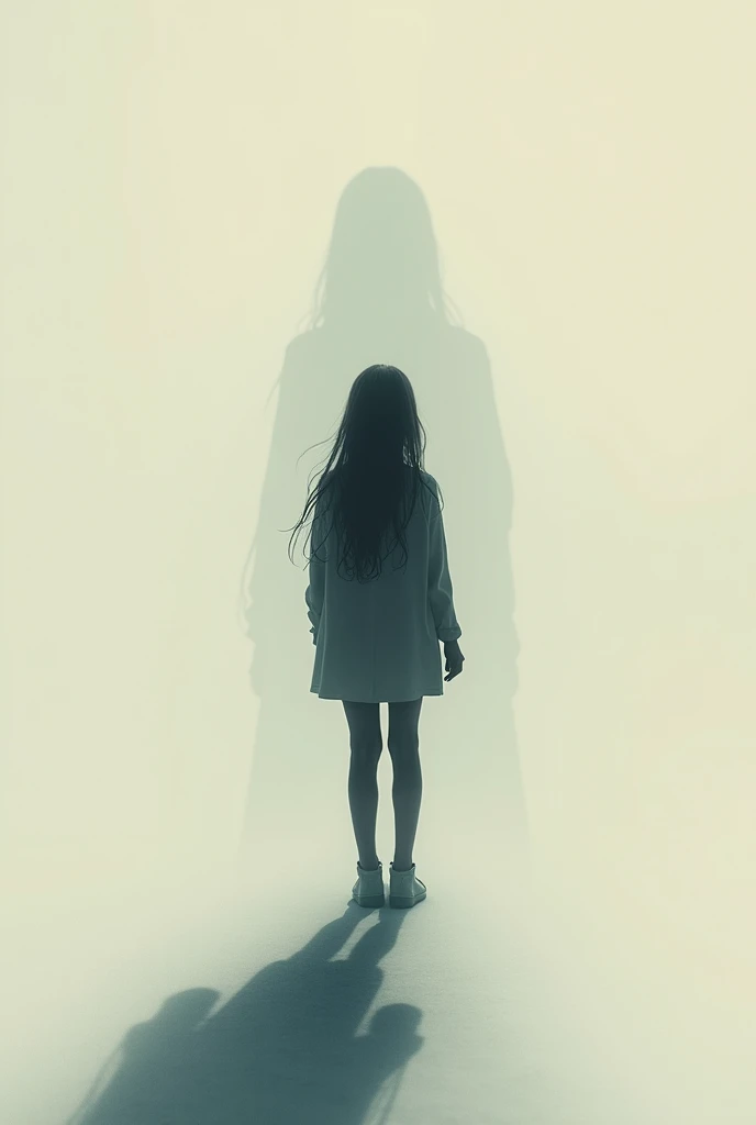 A book cover featuring a 16-year-old girl standing in the center of the image, with her body visible down to her knees. She has long, flowing hair and is dressed in a simple, melancholic outfit, her expression distant and introspective. Surrounding her is ...