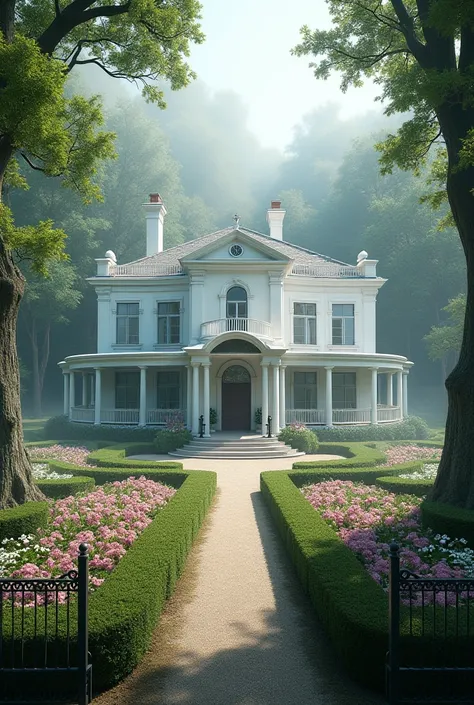 A big white house in the forest and a flower garden with mist 