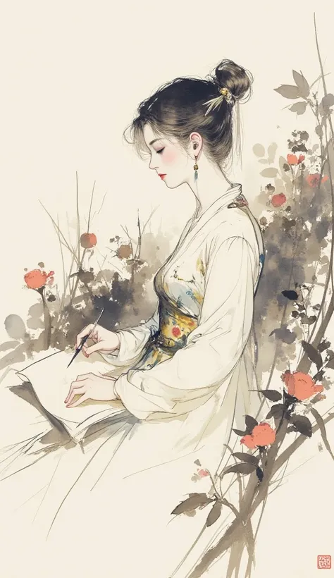 GFSM, A digital ink painting of a poetess with a quill in hand and a scroll before her, writing a heartfelt sonnet. Her eyes are distant and dreamy, and her hair is tied back with a delicate ribbon. She wears a simple, flowing dress adorned with ink-brush ...