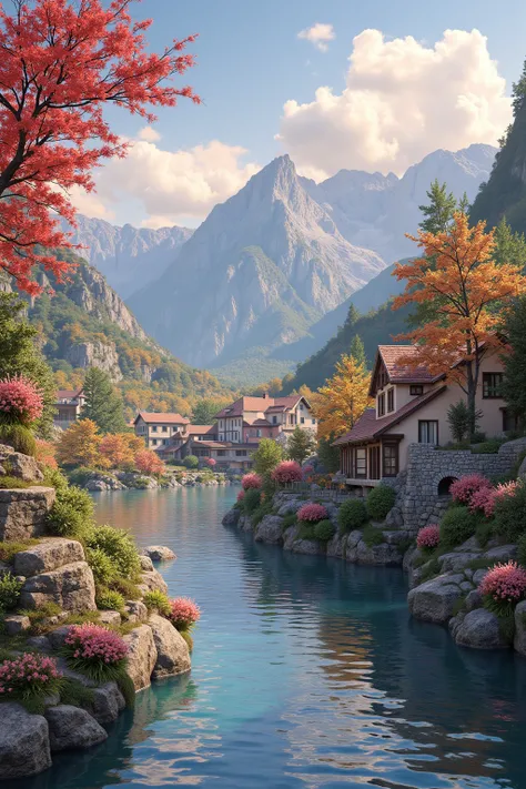 a small village by the river, mountains in the background, floral flowers colorful, detailed landscape, Beautiful natural landscapes, atmospheric lighting, scorching sunset, warm colours, practical, photopractical, Detailed Foliage, complex buildings, cobb...