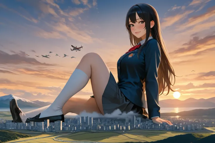 masterpiece, best quality, ultra-detailed, 4k, super beautiful,
( 1 girl giantess :1.5),japanese school blazer, black long hair,beautiful face,beautiful hair,beautiful eyes,beautiful cloths,outdoors, mountain, a lake, giga giantess, giantess, sitting,( gia...