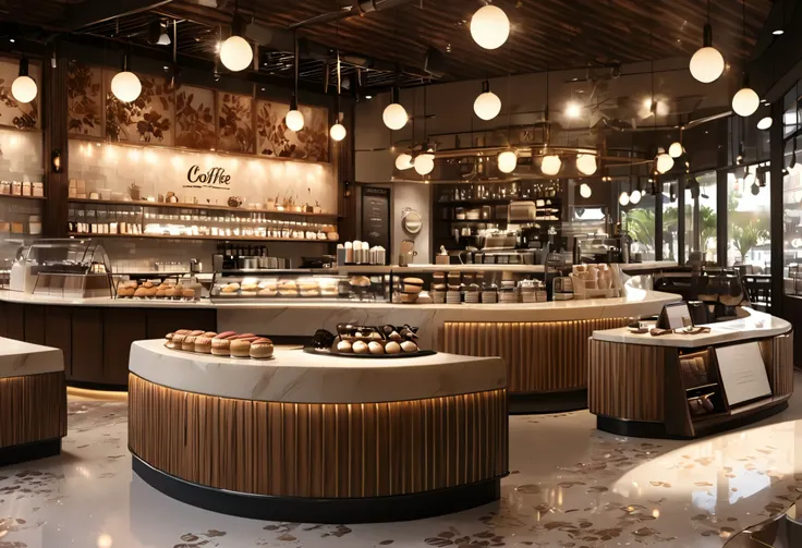 A warm moment in a stylish cafe、A table lined with coffee and sweets、 The interior of the coffee shop is drawn with exquisite details and vivid colors、 Delicate steam rises from a hot coffee cup on the table 、 soft sunshine、 cozy atmosphere、A corner of a c...