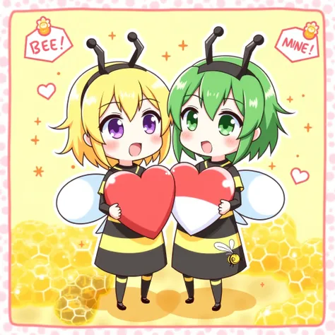 Anime Girls dressed up as Bumble Bee's while holding plush red and white colored hearts, bee antennae headbands, wings, honey comb, girl on the left   is short blonde haired with purple eyes and the girl on the right is green haired with green colored eyes...