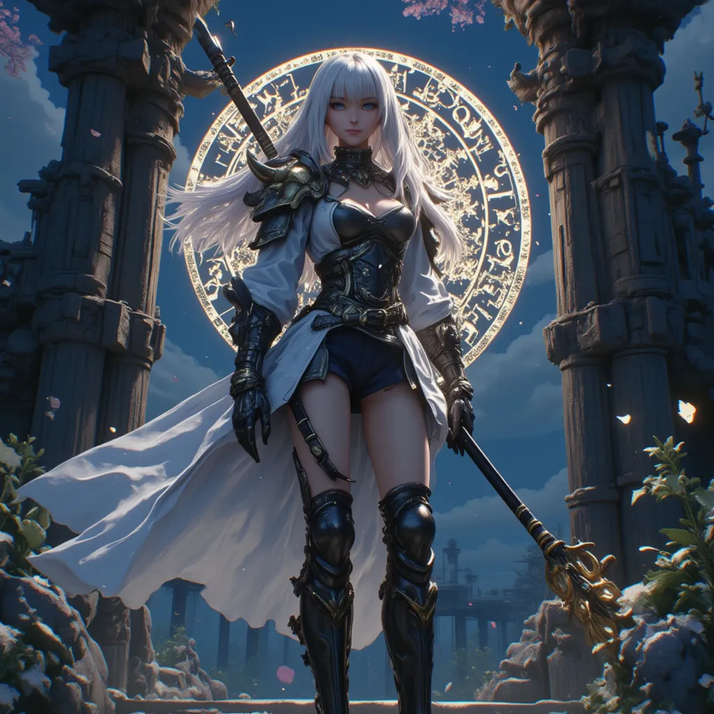 - Main Character, "Japanese" Adult Woman, Beautiful, tall, long legs.

- Wearing a costume ("Full Sexy Armor").
(Chest and Thigh Armor are half open).
The costume has a futuristic design, Wearing a dull White Robe.

- Sexy and Athletic body shape.
Perfect ...