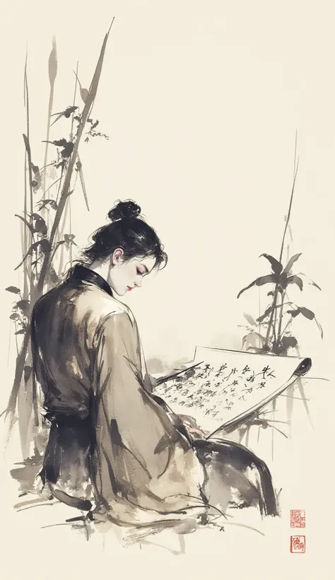 GFSM, A digital ink painting of a calligrapher with a brush in hand and a scroll before him, writing a beautiful poem. His eyes are focused and intent, and his face is serene. He wears a simple, robe-like garment, and his hair is neatly tied back in a bun....