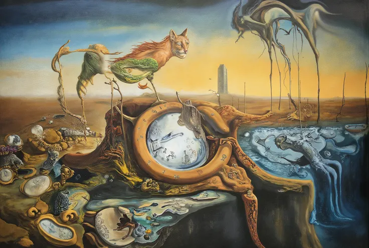 _A highly detailed surrealistic painting in the style of Salvador Dalí, depicting a vast dreamlike landscape where time is melting away. In the center, a massive melting clock drapes over an unstable, flowing surface, its edges liquefying into the ground. ...