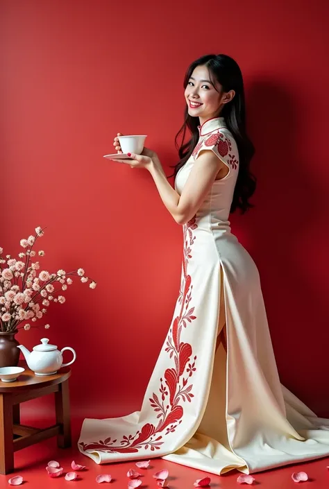 In a playful moment, the woman leans against the festive backdrop, her cream and red embroidered sexy Qipao dress  gracefully around her. She looks invitingly at the camera, as if welcoming the viewer to join her in the celebration. The foreground tea set ...