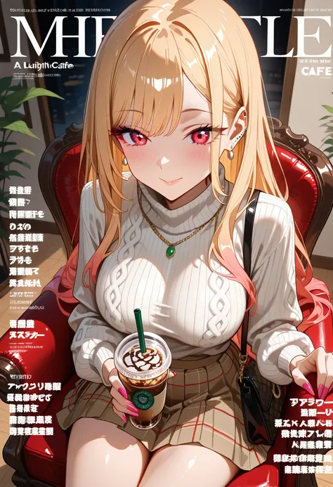 Marin Kitagawa, inside a softly lit indoor café, body angled diagonally away from the camera, casually sipping her iced coffee through a straw, looking mildly at the cup, long wavy blonde hair softly draping, light pink ombre hair, red eyes, earrings, a fi...