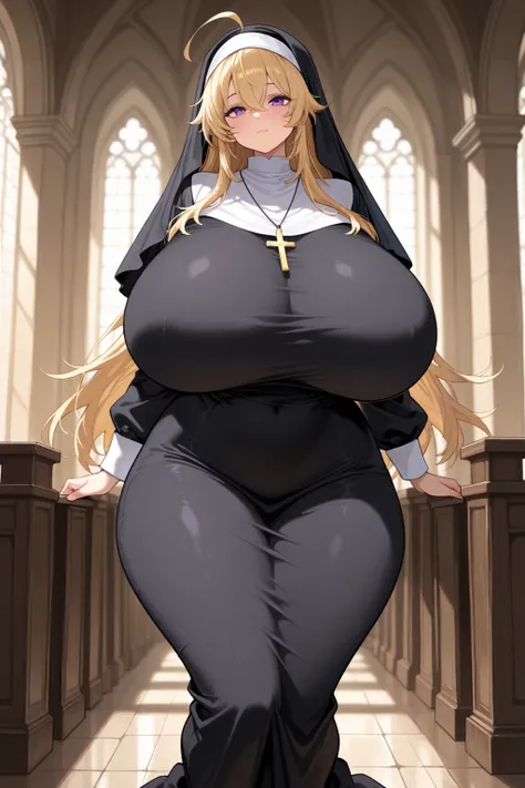 high resolutionx, high quality, 1 girl, solo, cute, kawaii, tall female, gigantic breasts, gigantic breasts, curvy, wide hips, thick thighs, blonde hair, long hair, purple eyes, nun, traditional nun, black long dress, guimpe, veil, cross necklace, ahoge, j...