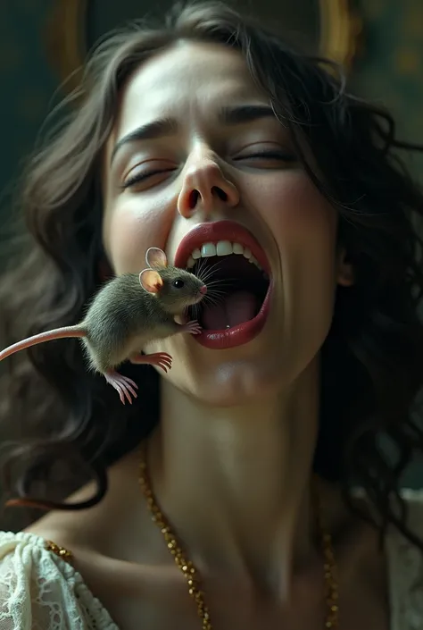 Pretty woman with a rat stuck in her mouth