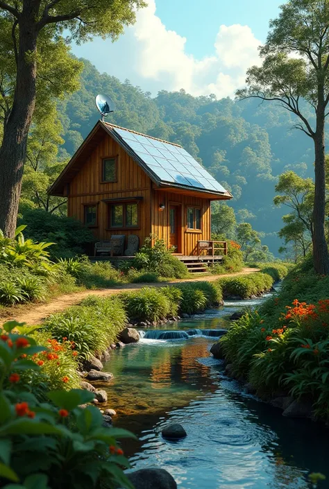 a wood house, with solar panels and starlink antena in A beautiful path in the forest next to a crystal clear stream with well-flowered vegetation from southern Brazil