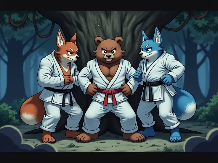 multiple, trio focus, night evil forest background, BREAK, anime, furry, bara, male, muscle, Taekwondo_bear, muscular, black eyes, brown fur, (White_Taekwondo_uniform, long_sleeves, long_pants, red_belt), bare_foot, (chubby:1.4, muscular:1.4), restrained_t...