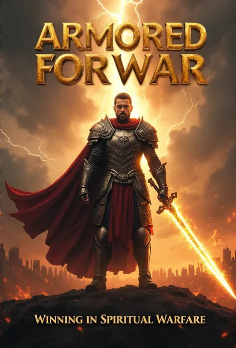 The title, "ARMORED FOR WAR – WINNING IN SPIRITUAL WARFARE," is displayed in bold, golden embossed letters at the top, designed like a best-selling book cover. A hyper-realistic, ultra-cinematic book cover featuring a strong warrior standing on a battlefie...