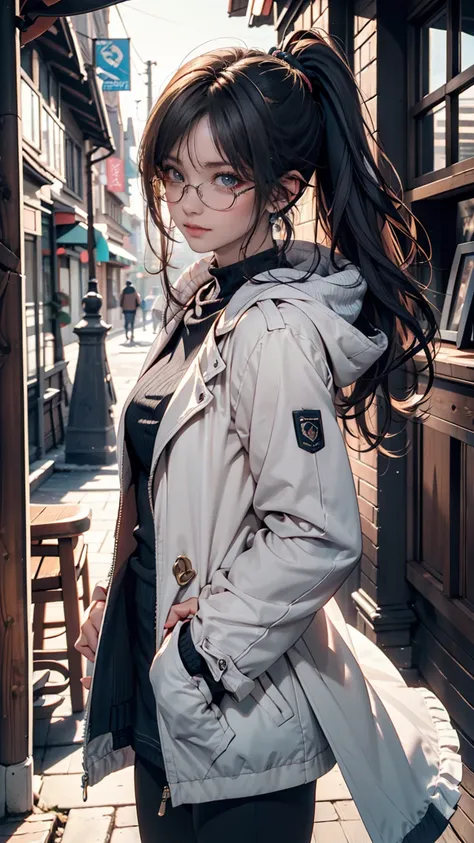  Masterpiece,  best image quality that holds your feet, Extreme clarity,  anime girl with a round ponytail,  petite figure, White functional coat,  small, Blue-purple gradient ski goggles ,  gray hair,  Natural Casual Style , Dynamic Stance , golden part ,...