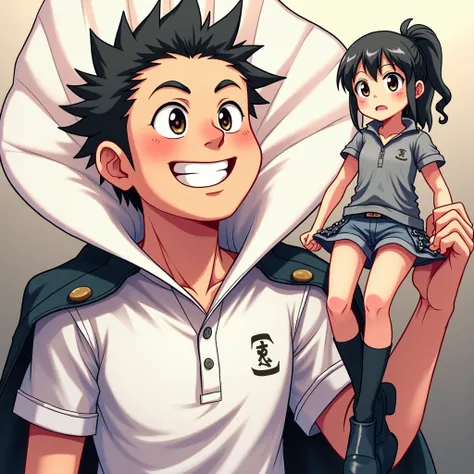 Anime Man wearing a Massive Popped Collar Polo with a collar so high it's taller than his head holding his girlfriend on his Polo Collar