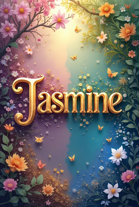 Create an image of a name Jasmine where the letter is contained with a fantasy land, the background is divided into 4 season, color palate contains pink, white, gold, purple , blue  yellow , purple

