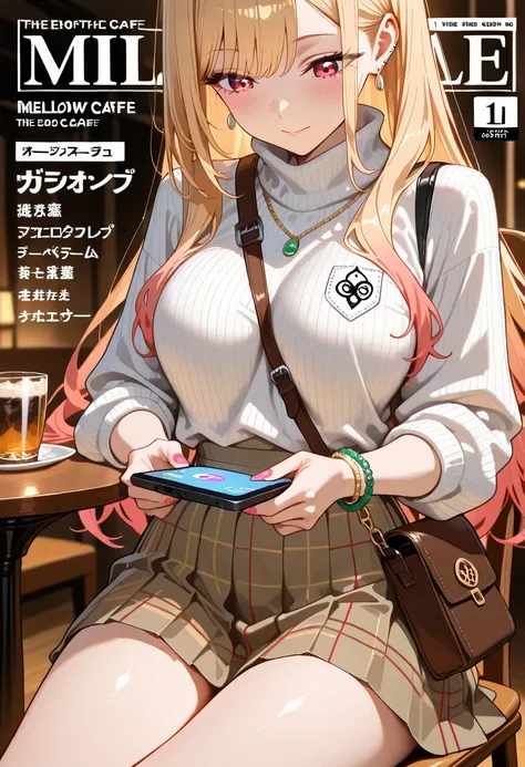 Marin Kitagawa, seated at a softly lit indoor café table, her body angled away from the camera so it's not frontal, lightly adjusting her posture while looking down at her phone, long wavy blonde hair softly framing her face, light pink ombre hair, red eye...