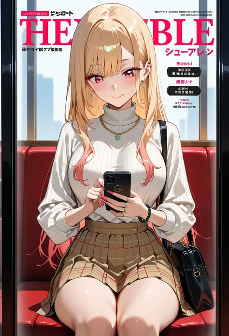 Marin Kitagawa, sitting at an indoor café booth, angled diagonally so it's not frontal, casually scrolling through her phone with one hand, looking down at the screen with a faint, relaxed expression, long loose blonde hair softly cascading, light pink omb...