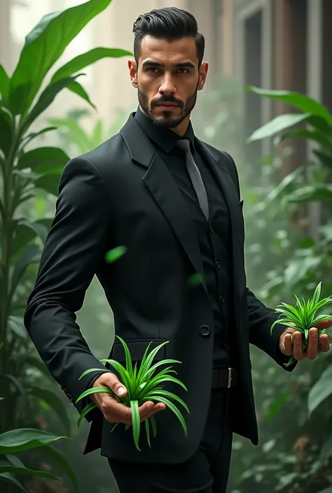 Handsome and young tall and strong Arab man with a short beard in a black suit wearing a black shirt and gray tie using plant magic