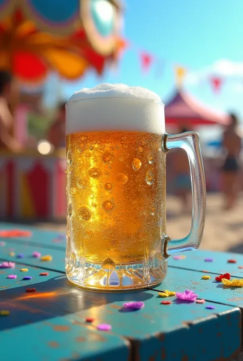 a hyper realistic image in macro definition, Close up of a hyper cold and sweaty draft beer mug on a blue wooden table with confetti and streamers on the table, Background of a busy carnival beach