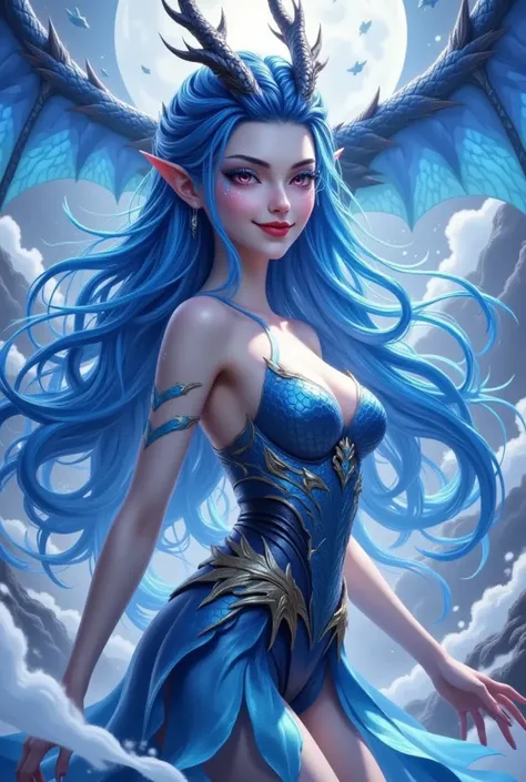 Beautiful dragon girl， red eyes， blue睫毛， red lips，Smile， blue长发，Dragon Horn。moon，Flying dragon， strapless。 blue