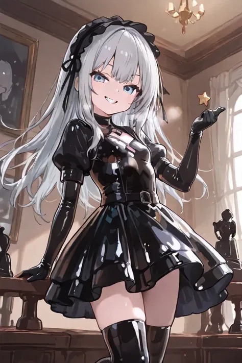 girl, small stature, silver hair, blue eyes, curvaceous figure, playful grin, latex gloves, very equal gothic dress