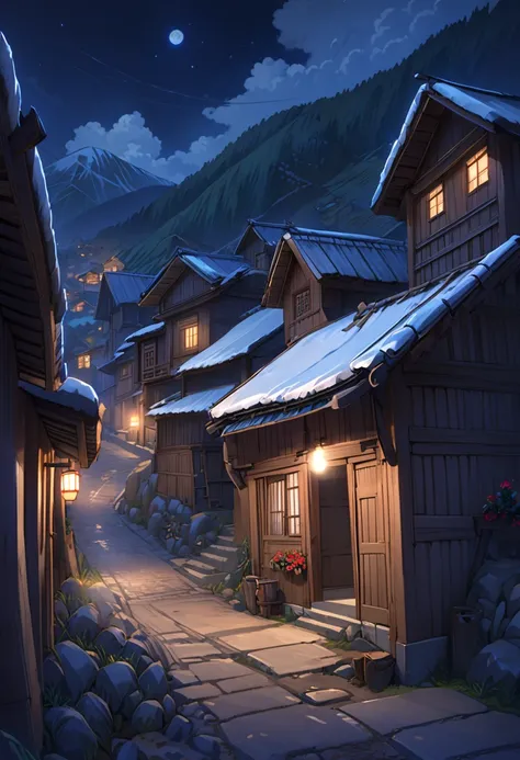 A street in a poor small mountain village, Villagers, Old house,  very well detailed,   night ,  dark,  horrible,  Look Down