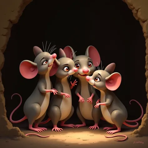 A group of mice are hiding, a cunning glint in their eyes, they laugh at the plan to tie the bell.