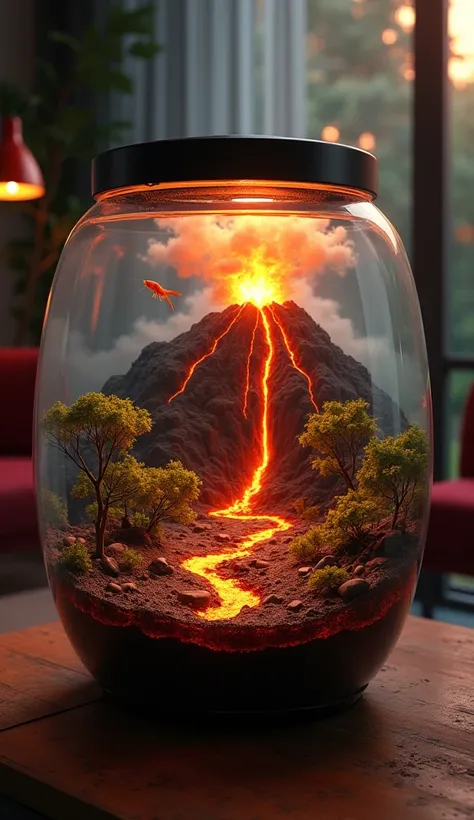 Create an image of a small aquarium placed inside a beautifully decorated room. The aquarium features a single small shrimp swimming gracefully. Inside the aquarium, design a detailed scene of a giant volcano. Include elements like lava flowing down the si...