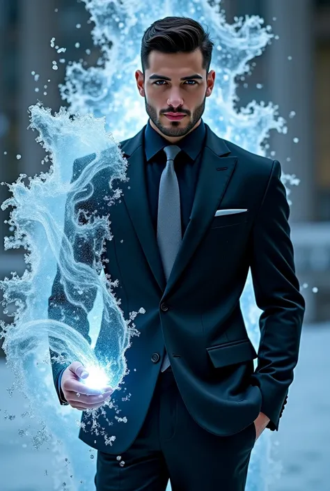 Handsome and young tall and strong Arab man with a short beard in a black suit wearing a black shirt and gray tie using ice magic