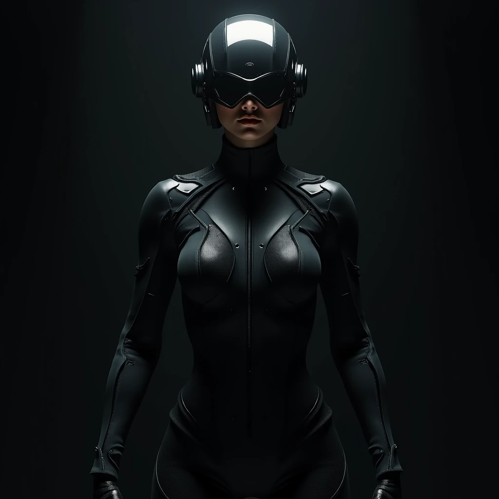 A full-body, high-contrast image of a woman in futuristic clothing and helmet,  The scene is lit with intense dramatic lighting to create tension. The style is inspired by Marek Okon, reflecting a CGSociety contest winner style.